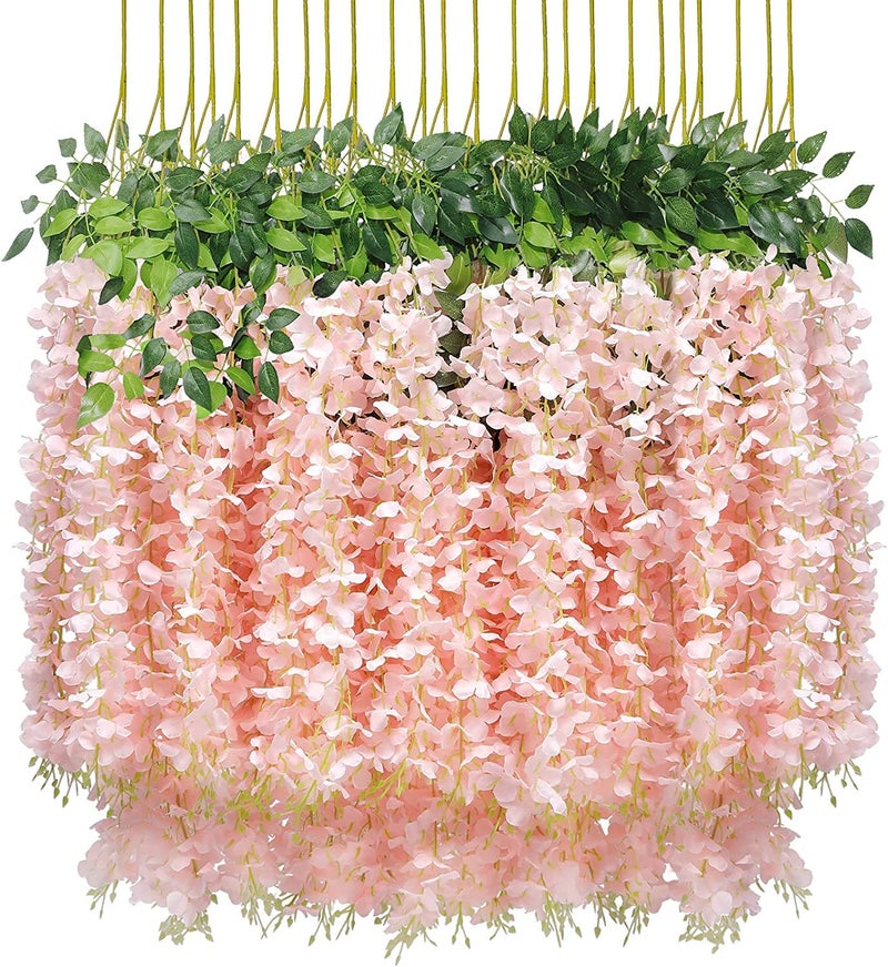 U'Artlines 24 Pack(Total 43.2 Feet) Artificial Fake Wisteria Vine Rattan Hanging Garland Silk Flowers String Home Party Wedding Decor (24, Light Pink) - Image 1